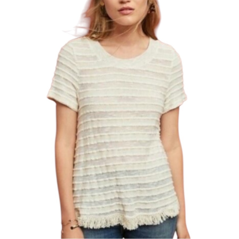 Anthropologie Eri + Ali Aida Textured Cream Striped Fringe Knit Top - XS